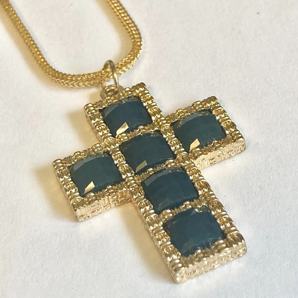 Vintage Gold Cross Pendant Necklace Green Crystal Plated 24" Chain Christian - Picture 6 of 10